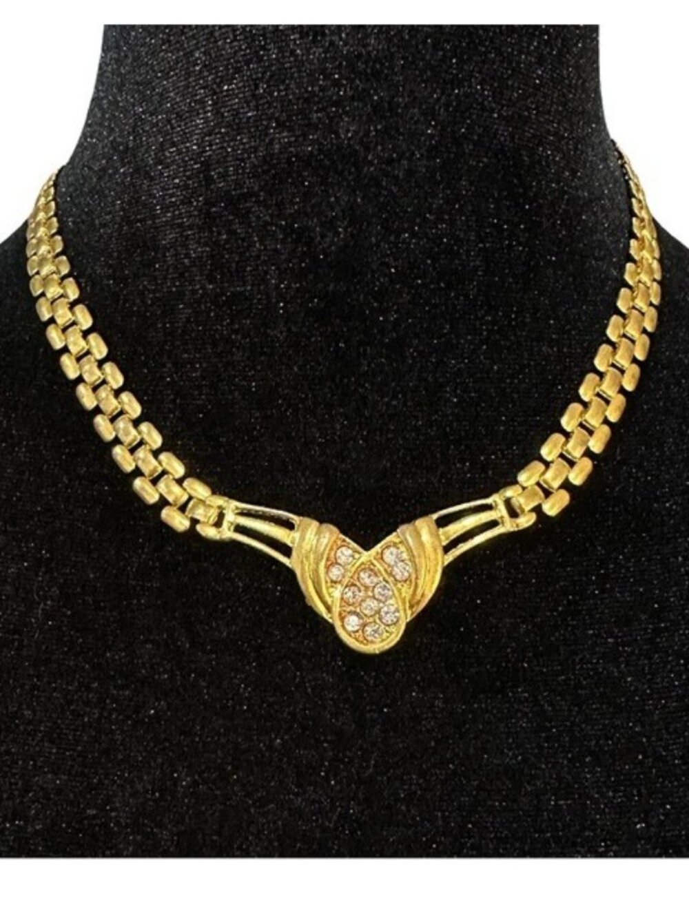 Vintage Statement Necklace Gold Tone Rhinestone Inlay 17 Inch Fold Over Clasp